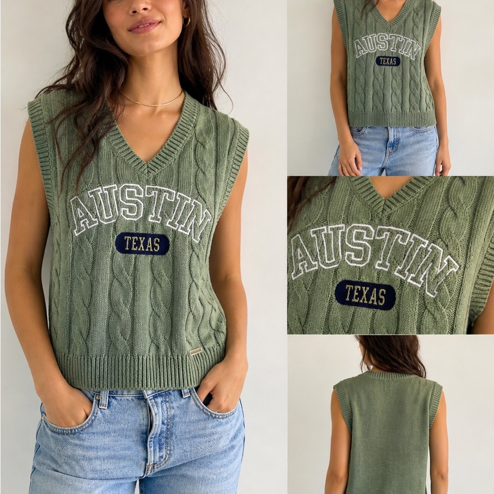 Aeropostale Olive Green Cable Knit Austin Texas Sweater Vest